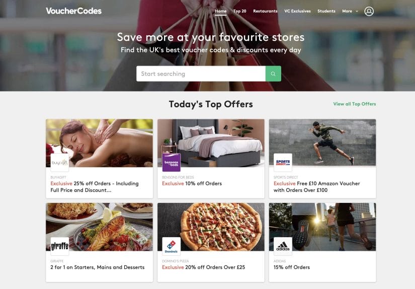 Screenshot of a Voucher Code website example - VoucherCodes.co.uk