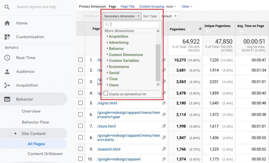 Google Analytics filtering by Secondary Dimension