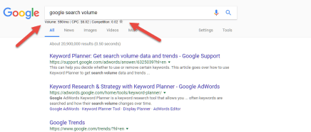 Example Google search query showing volume