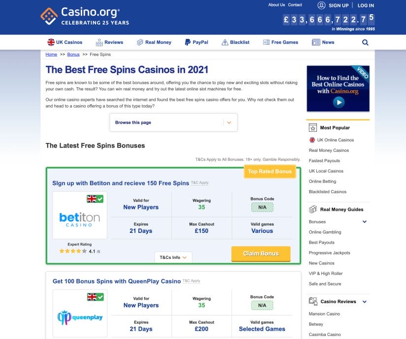Example of a casino affiliate site
