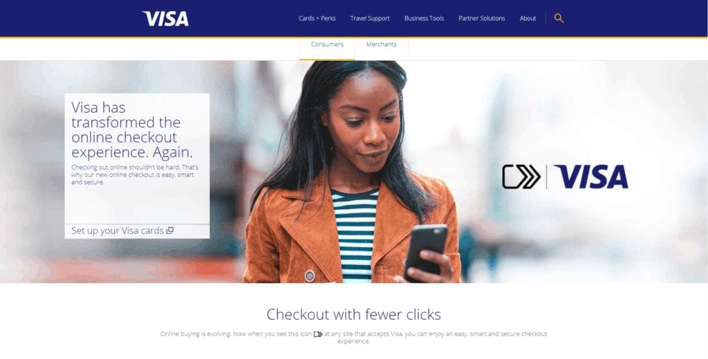 Screenshot of Visa's website talking about checking out with Visa.