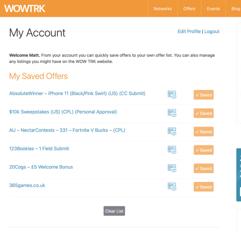 Example list of saved offers in an account