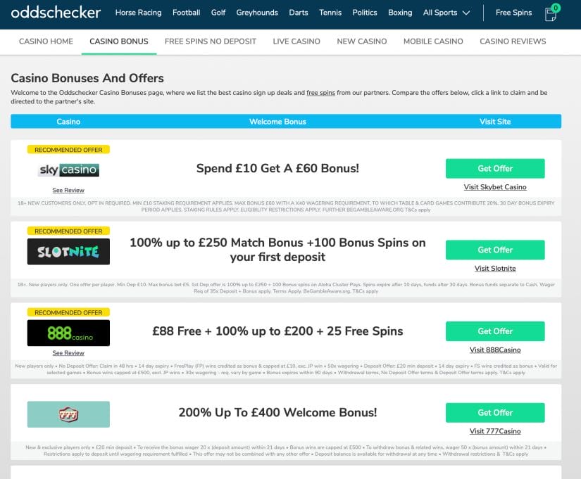 Screenshot of oddschecker.com website