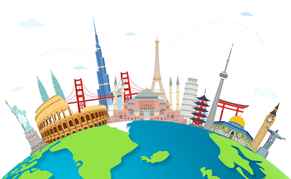 World covering landmarks including UK ones.