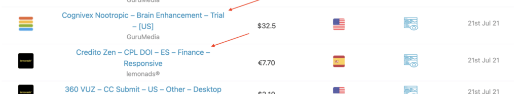 Screenshot showing detailed offer names on the Offer Engine.