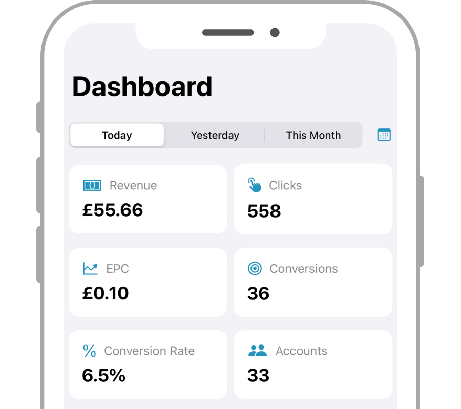 Screenshot of the Affiliate Stats app dashboard.