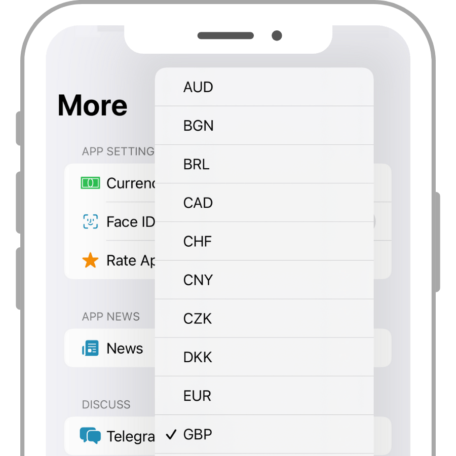 Currency selection option open in the More menu on Affiliate Stats app