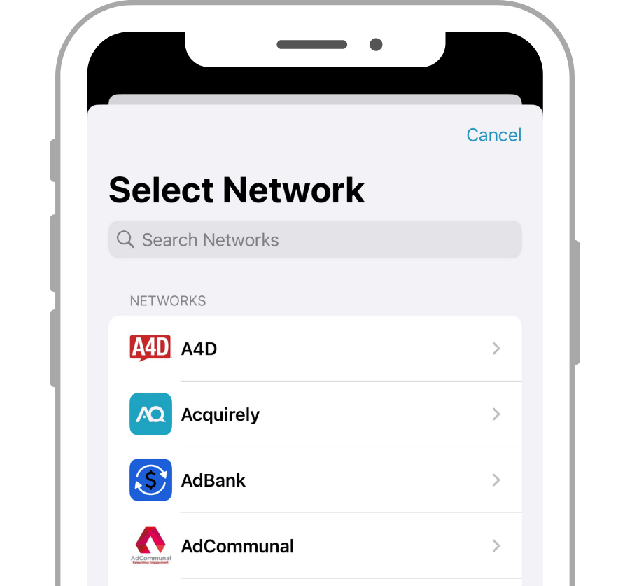 Network Selection Select a network screen when adding a network on the Affiliate Stats app