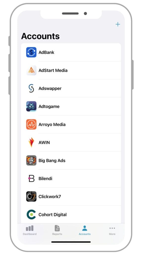 Example showing accounts added in the Affiliate Stats app.