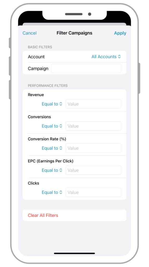 The Filter Campaigns screen on the Reporting in the Affiliate Stats app