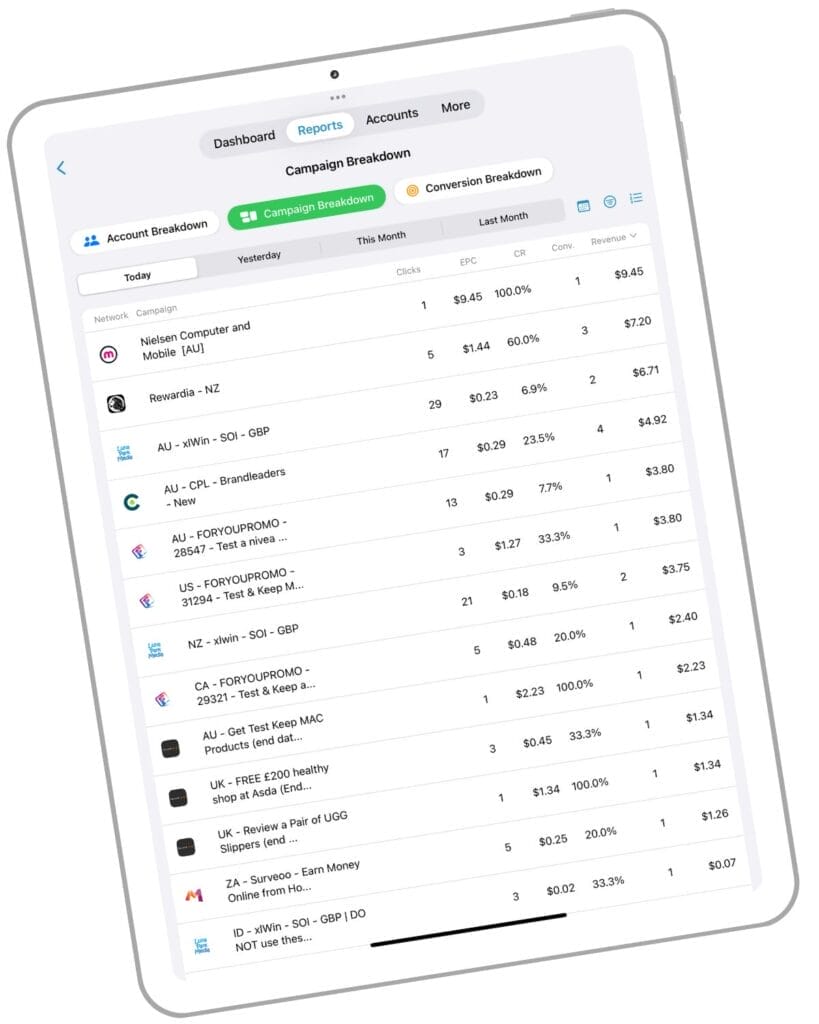Screenshot of the Affiliate Stats app on iPad